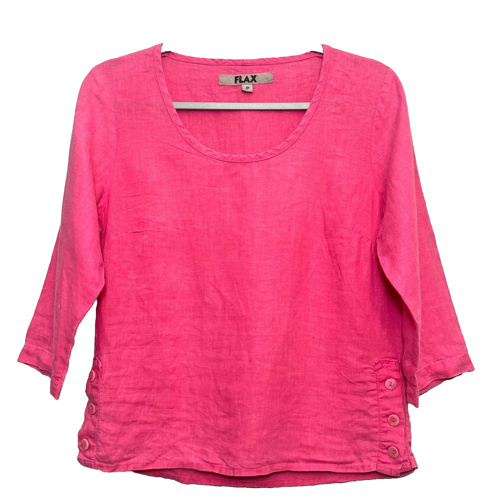Flax Pink Linen 3/4 Sleeve Top Small Vibrant Coastal Resort Wear Lagenlook Boho